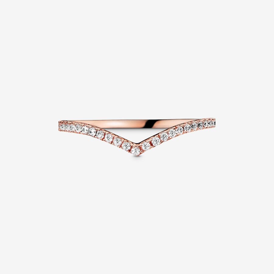Sparkling Wishbone Ring - Pandora West Africa Rings Make all your wishes come true with this delicate Sparkling Wishbone Ring, lined with cubic zirconia stones on a 14k rose gold-plated band. Simple yet elegant, this wishbone-shaped ring can be worn on its own as a shimmering statement, or paired with other Pandora stackable rings to create a unique, highly individual look. (186316CZ-56)