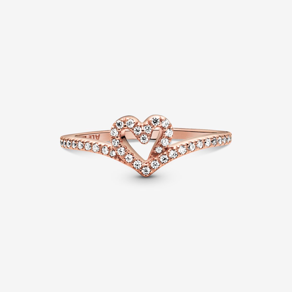 Sparkling Wishbone Heart Ring - Pandora West Africa Rings Gift the one you love the Sparkling Wishbone Heart Ring. Hand-finished in 14k rose gold plating, this piece is inspired by the iconic wishbone shape. The collection’s V-shape has been incorporated into the heart detail to create a fluid design. Clear cubic zirconia decorate the heart and top of the ring band. Present this style to someone special to show how much you care. (189302C01-56)