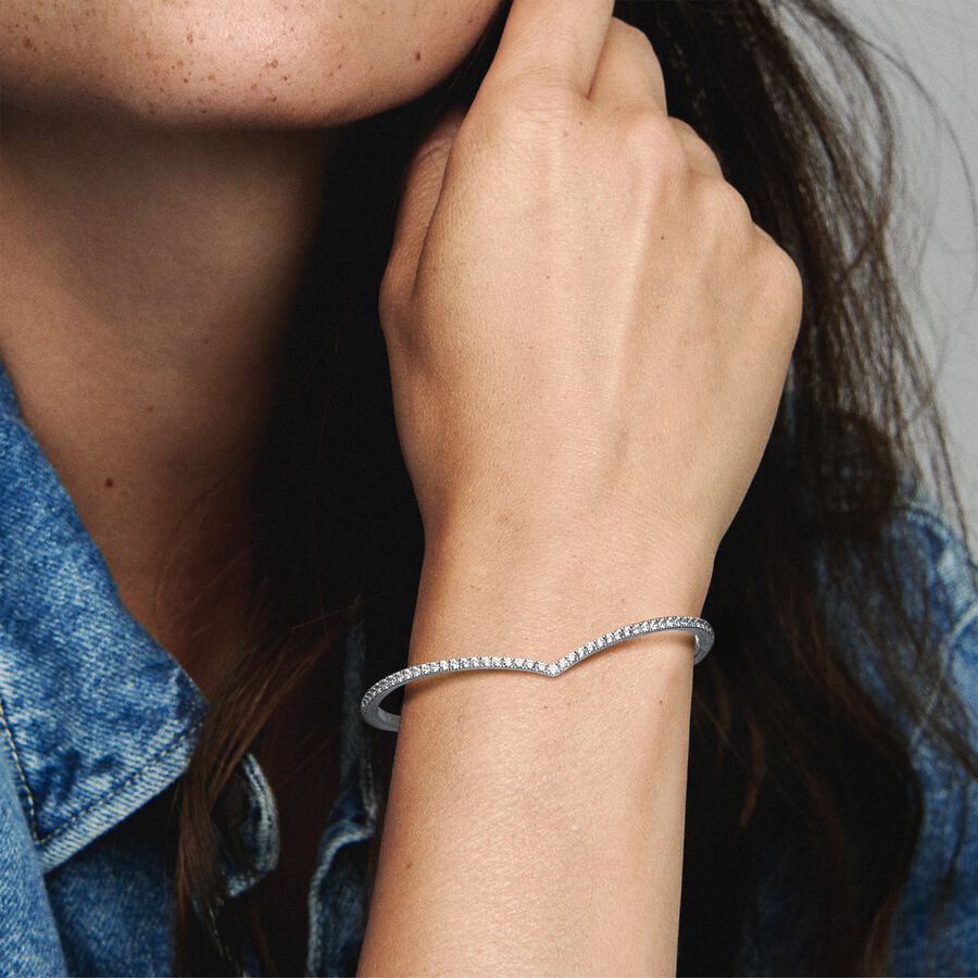 SALE - Wishbone silver bangle with clear cubic zirconia