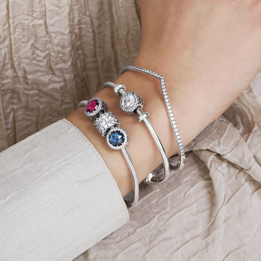 SALE - Wishbone silver bangle with clear cubic zirconia