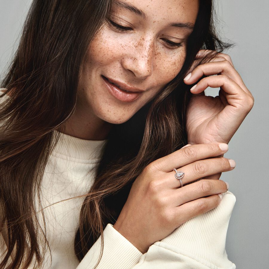 Sparkling Pear Halo Rose Gold Ring