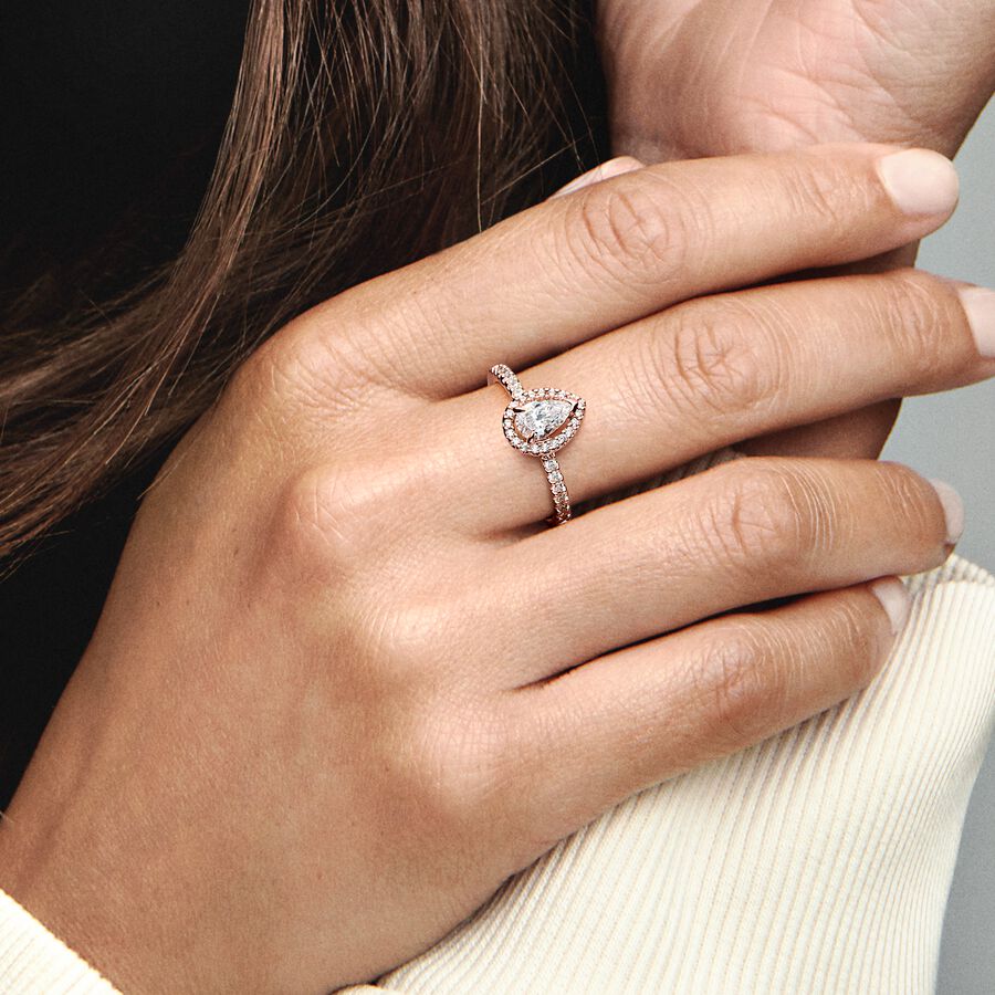 Sparkling Pear Halo Rose Gold Ring