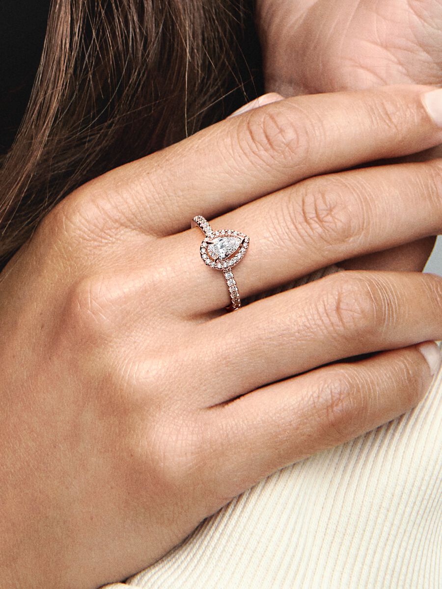 Pandora Women's Ring Sparkling Pear with Halo Rose