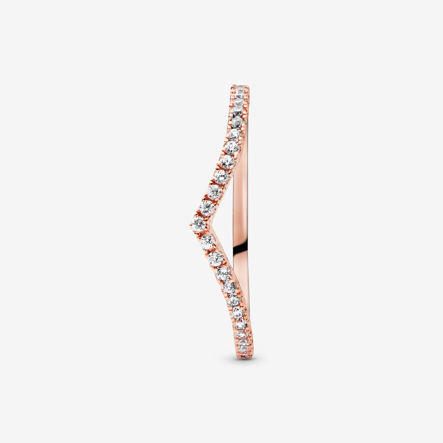 Sparkling Wishbone Ring - Pandora West Africa Rings Make all your wishes come true with this delicate Sparkling Wishbone Ring, lined with cubic zirconia stones on a 14k rose gold-plated band. Simple yet elegant, this wishbone-shaped ring can be worn on its own as a shimmering statement, or paired with other Pandora stackable rings to create a unique, highly individual look. (186316CZ-56)  