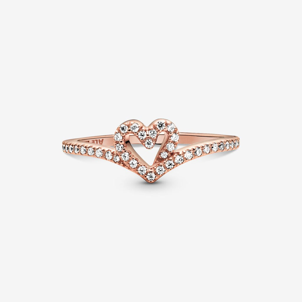 Sparkling Wishbone Heart Ring - Pandora West Africa Rings Gift the one you love the Sparkling Wishbone Heart Ring. Hand-finished in 14k rose gold plating, this piece is inspired by the iconic wishbone shape. The collection’s V-shape has been incorporated into the heart detail to create a fluid design. Clear cubic zirconia decorate the heart and top of the ring band. Present this style to someone special to show how much you care. (189302C01-56)  