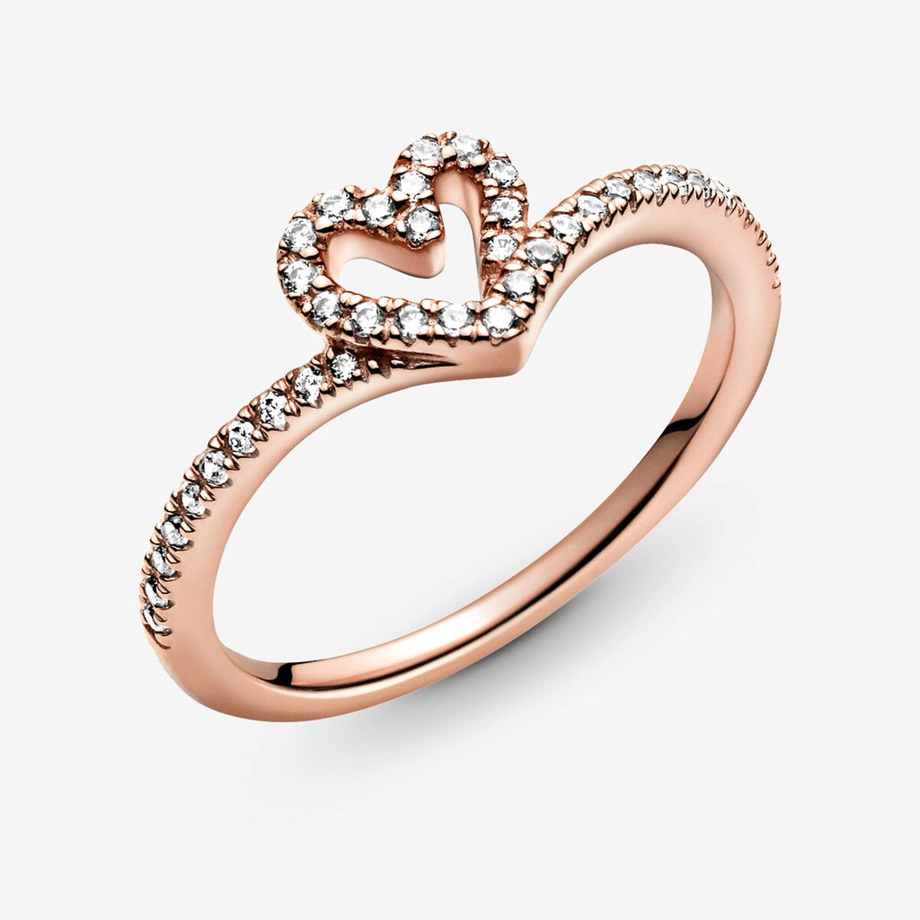 Sparkling Wishbone Heart Ring - Pandora West Africa Rings Gift the one you love the Sparkling Wishbone Heart Ring. Hand-finished in 14k rose gold plating, this piece is inspired by the iconic wishbone shape. The collection’s V-shape has been incorporated into the heart detail to create a fluid design. Clear cubic zirconia decorate the heart and top of the ring band. Present this style to someone special to show how much you care. (189302C01-56)  