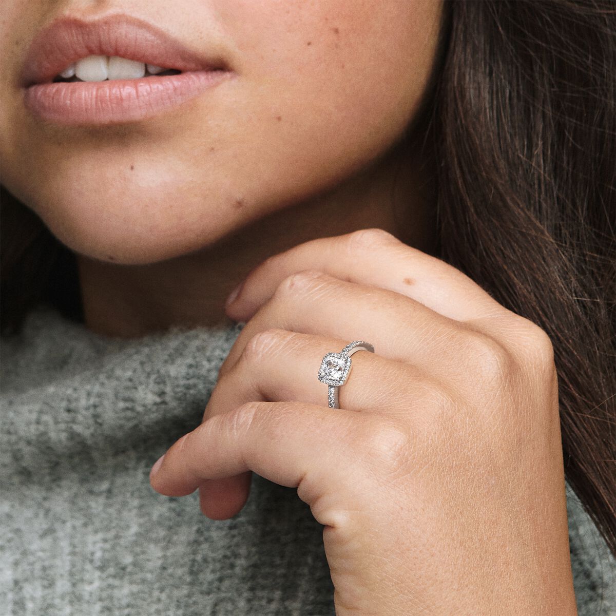 Square Sparkle Halo Ring - Pandora West Africa Jewelry This stunning vintage-inspired ring is one you'll treasure forever. Crafted in sterling silver, this sophisticated style is embellished with sparkling cubic zirconia stones and features a large, square-cut stone as the centerpiece. Wear it on its own as a statement cocktail ring, or style it with contrasting Pandora rings for a fresh, contemporary look. (198863C01)  