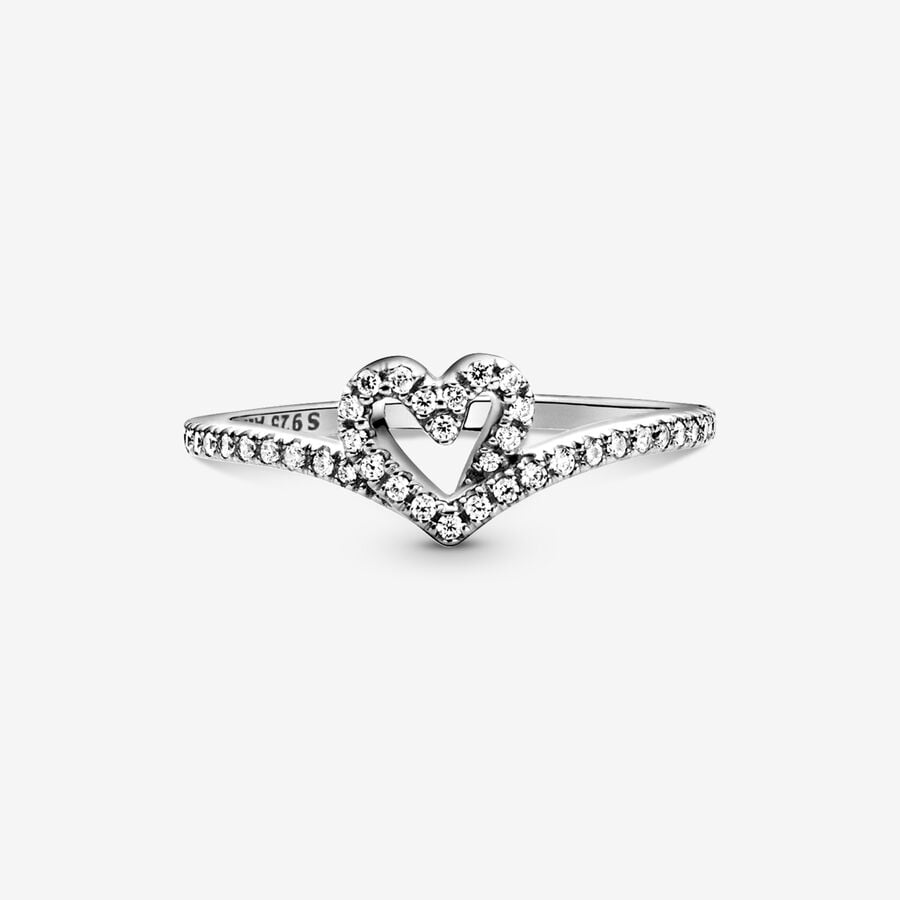 Sparkling Wishbone Heart Ring - Pandora West Africa Rings Gift the one you love the Sparkling Wishbone Heart Ring. Hand-finished in sterling silver, this piece is inspired by classic Pandora design elements. The heart detail has been incorporated into the series' iconic V-shape to create a heartfelt design. Clear cubic zirconia decorate the heart and top of the ring shank. Present this style to someone special to show how much you care. (199302C01-54)  