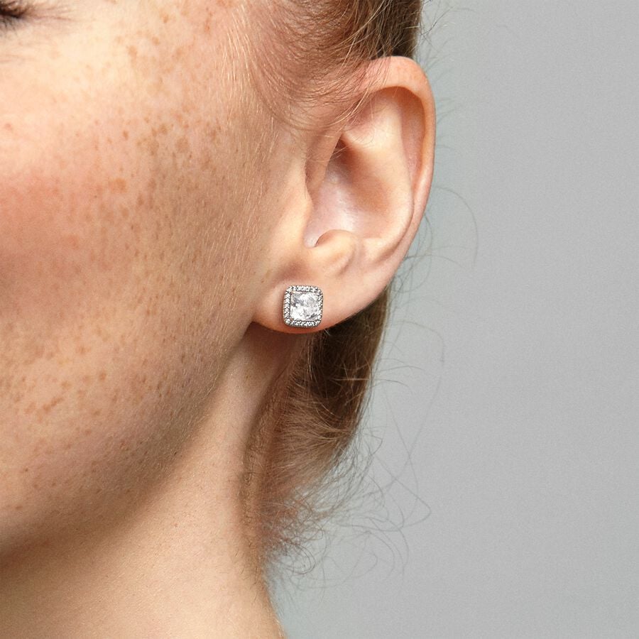 Square Sparkle Halo Stud Earrings