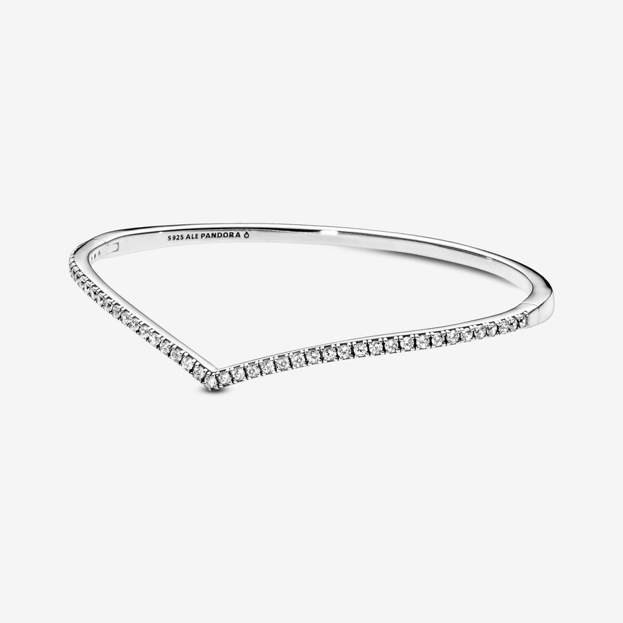 Wishbone silver bangle with clear cubic zirconia
