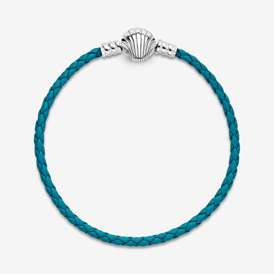 Pandora Moments Seashell Clasp Turquoise Braided Leather Bracelet