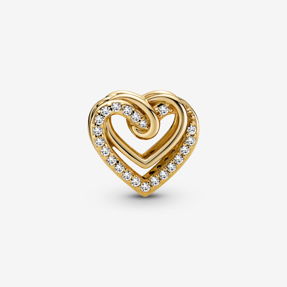 Sparkling Entwined Hearts Charm - Pandora West Africa Charms This Sparkling Entwined Hearts Charm is the perfect gift for someone with a heart of gold. Hand-finished, this design includes intertwining polished 14k gold-plated hearts and sparkling stone-embellished hearts on the front and back. Entwined hearts also feature on the sides. Inspired by eternal love, present this detailed openwork charm to someone special. (769270C01)  
