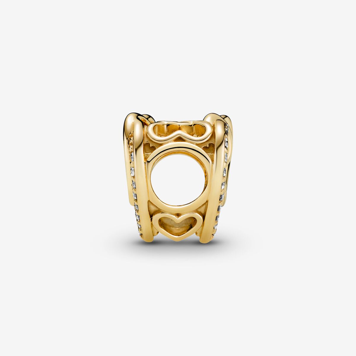 Sparkling Entwined Hearts Charm - Pandora West Africa Charms This Sparkling Entwined Hearts Charm is the perfect gift for someone with a heart of gold. Hand-finished, this design includes intertwining polished 14k gold-plated hearts and sparkling stone-embellished hearts on the front and back. Entwined hearts also feature on the sides. Inspired by eternal love, present this detailed openwork charm to someone special. (769270C01)  