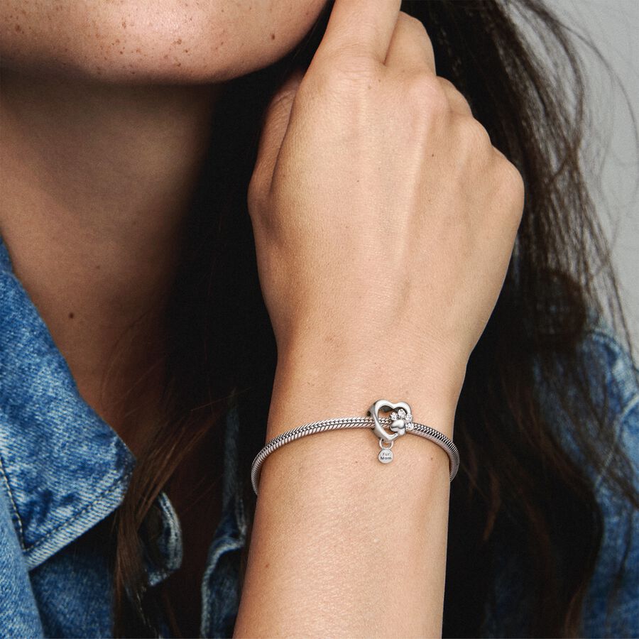 Paw heart sterling silver charm with clear cubic zirconia