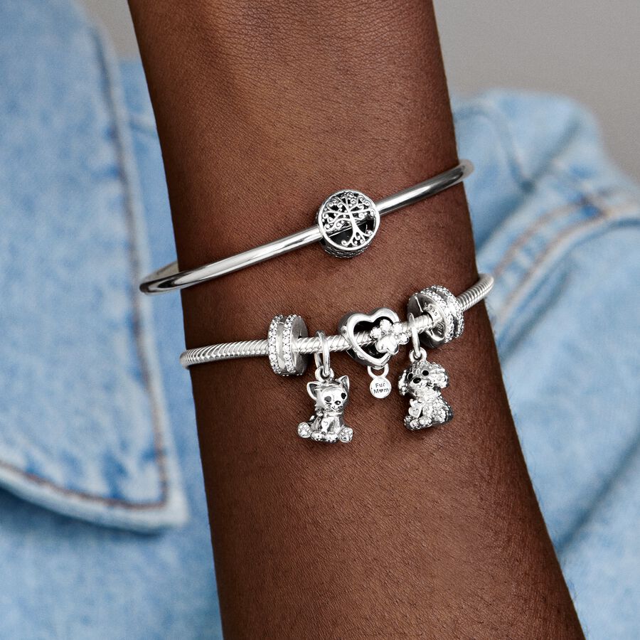 Paw heart sterling silver charm with clear cubic zirconia