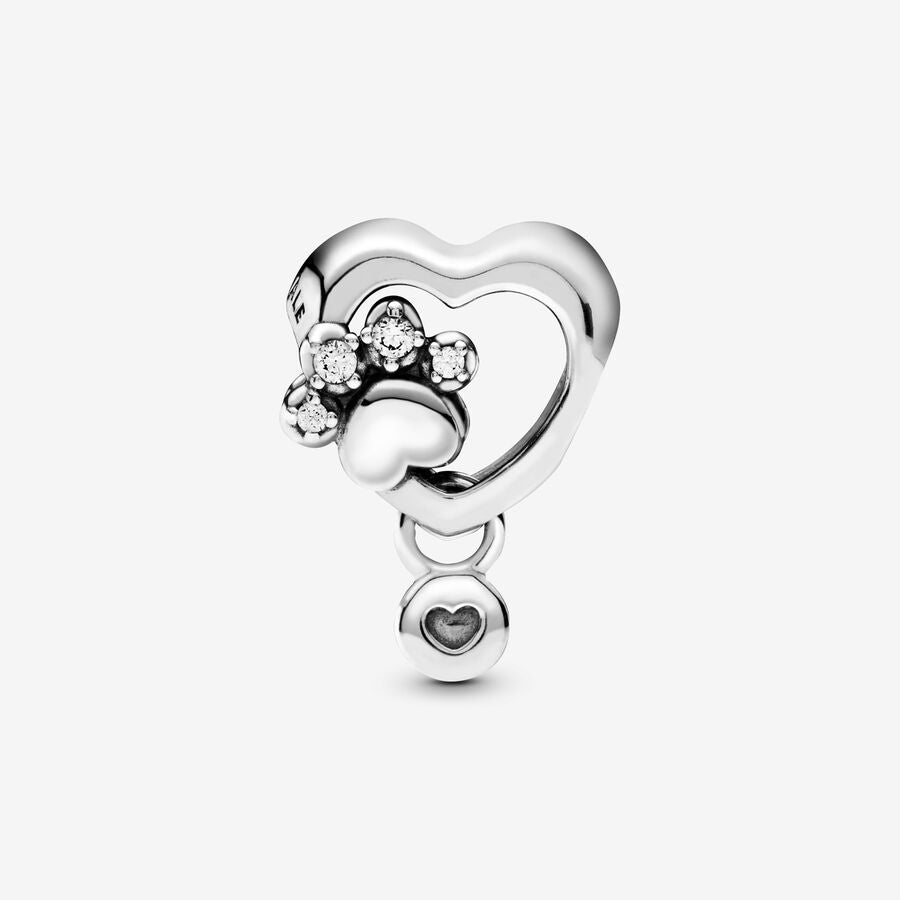 Paw heart sterling silver charm with clear cubic zirconia