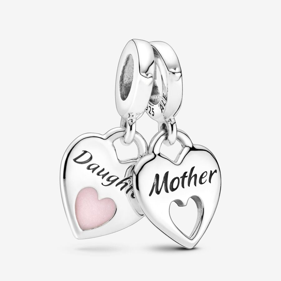 Mother and Daughter Double Heart Split Dangle Charm