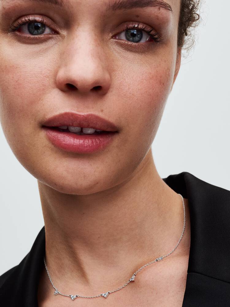 Triple Stone Heart Station Chain Necklace