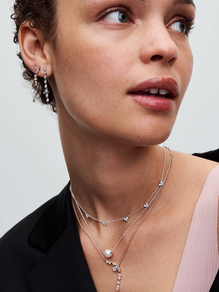 Triple Stone Heart Station Chain Necklace