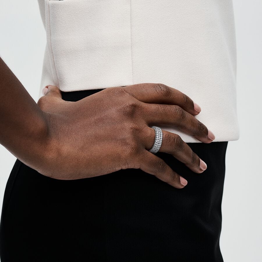 Pandora Timeless Pavé Triple-row Ring - Pandora West Africa Rings Maximize your sparkle with our hand-finished Pandora Timeless Pavé Triple-row Ring. Crafted from sterling silver, this stand-out ring features three rows of clear cubic zirconia around the center and one row facing outwards around each side, creating a slightly rounded square profile that sparkles from every angle. Wear it on its own or stacked with other Timeless Pavé rings to create as bold of a look as you want.(192634C01-52)  