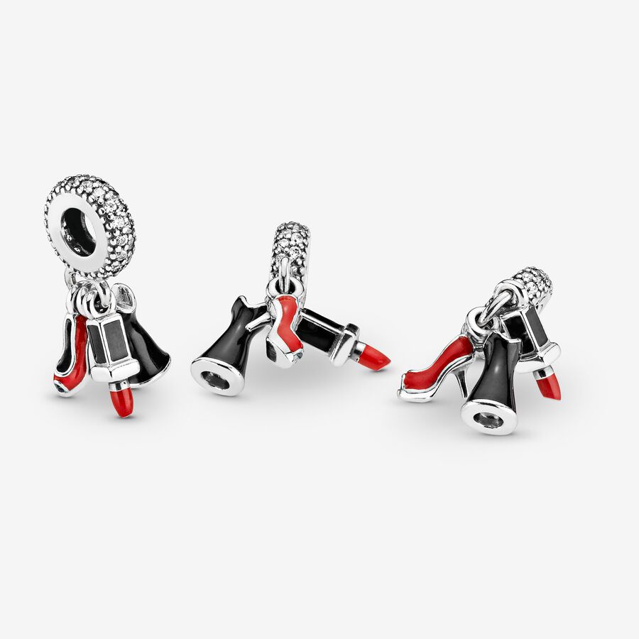 Shoe, dress and lipstick silver dangle with clear cubic zirconia, red and black enamel