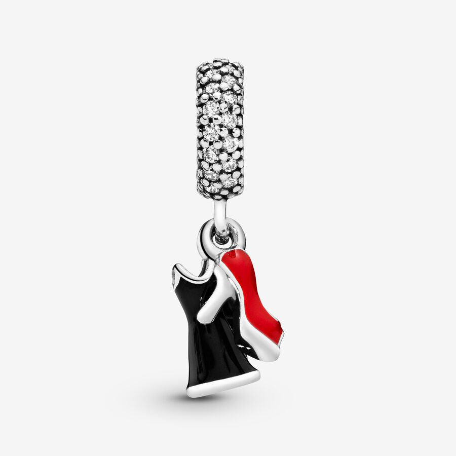 Shoe, dress and lipstick silver dangle with clear cubic zirconia, red and black enamel